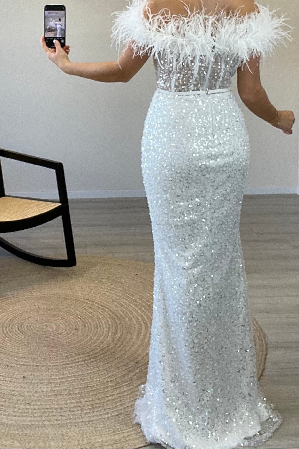 Off-the-Shoulder Feather Sequin Evening Gown