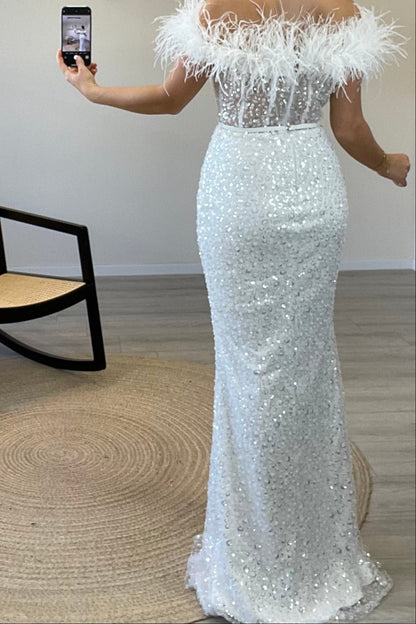 Off-the-Shoulder Feather Sequin Evening Gown