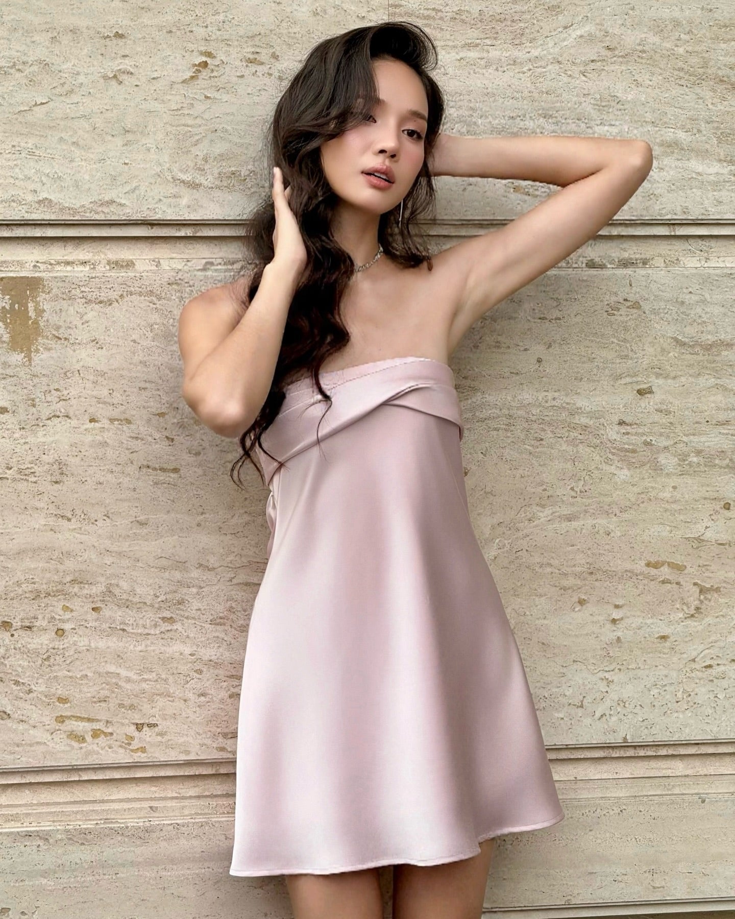 Strapless Lace-Up Satin Cowl Back Mini Dress
