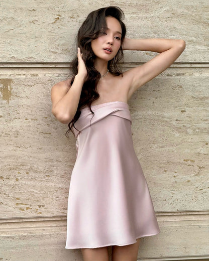 Strapless Lace-Up Satin Cowl Back Mini Dress