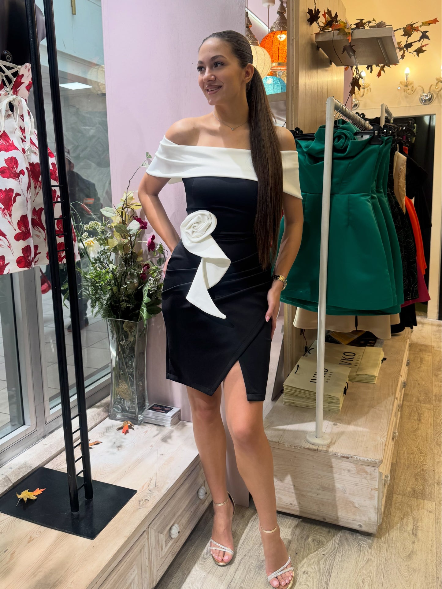Off-Shoulder Wrap Mini Dress with 3D Flower Detail