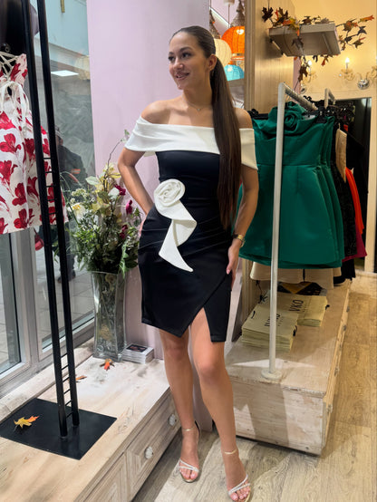 Off-Shoulder Wrap Mini Dress with 3D Flower Detail