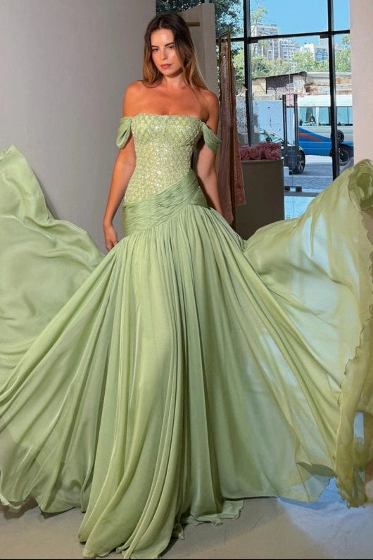 Off-the-Shoulder Beaded Corset A-Line Gown