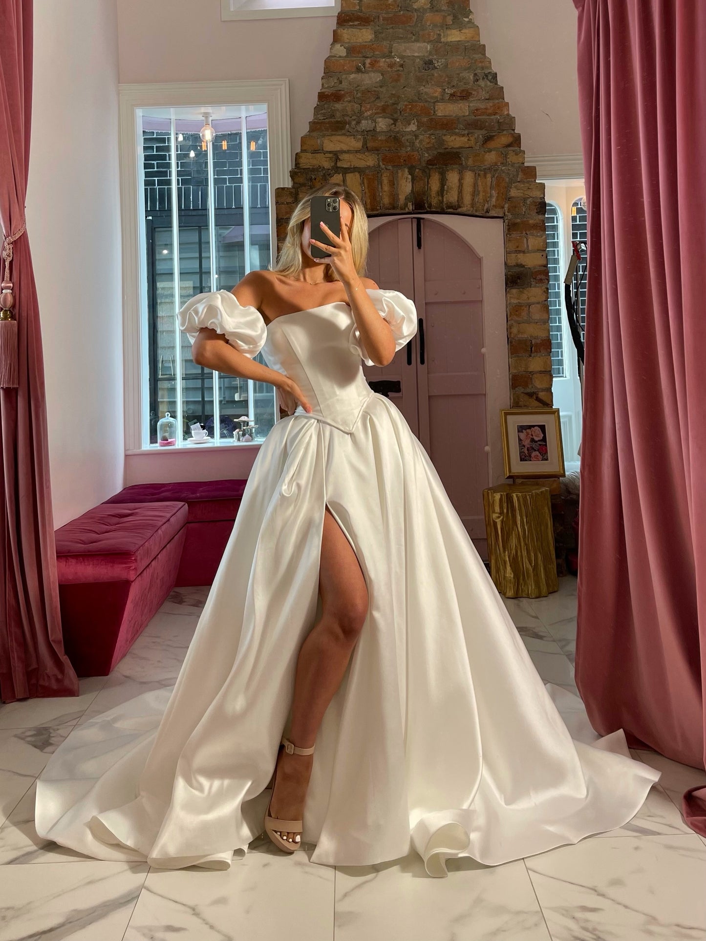 Off Shoulder Puff Sleeve Satin Ball Gown with Slit