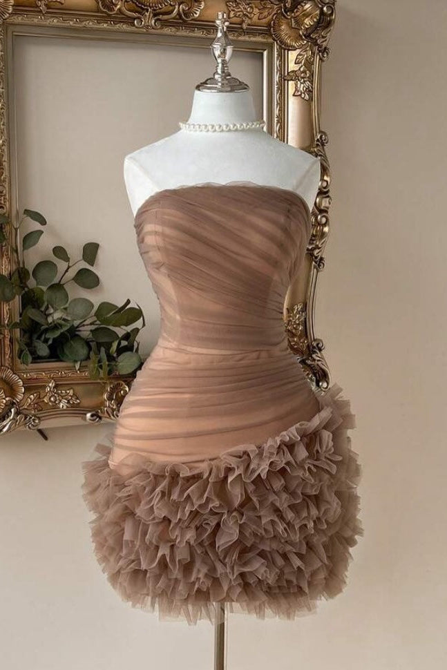 Strapless Ruched Tulle Mini Dress with Ruffled Skirt
