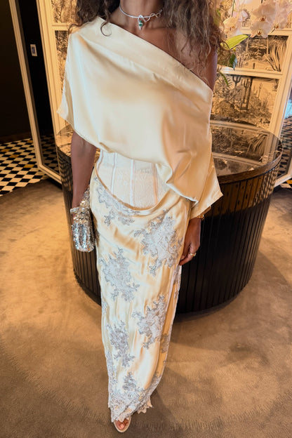 One-Shoulder Draped Corset Gown with Lace Skirt