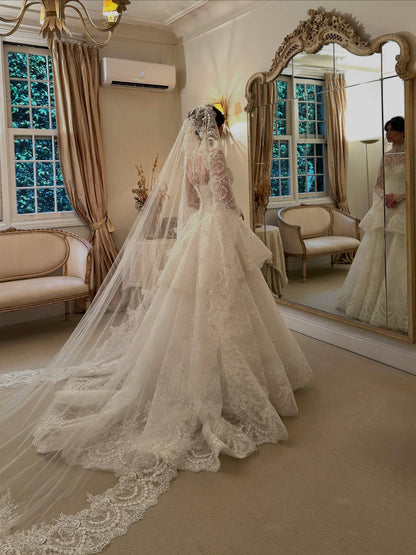 High-Neck Long-Sleeve Tiered Lace Ball Gown Wedding Dress
