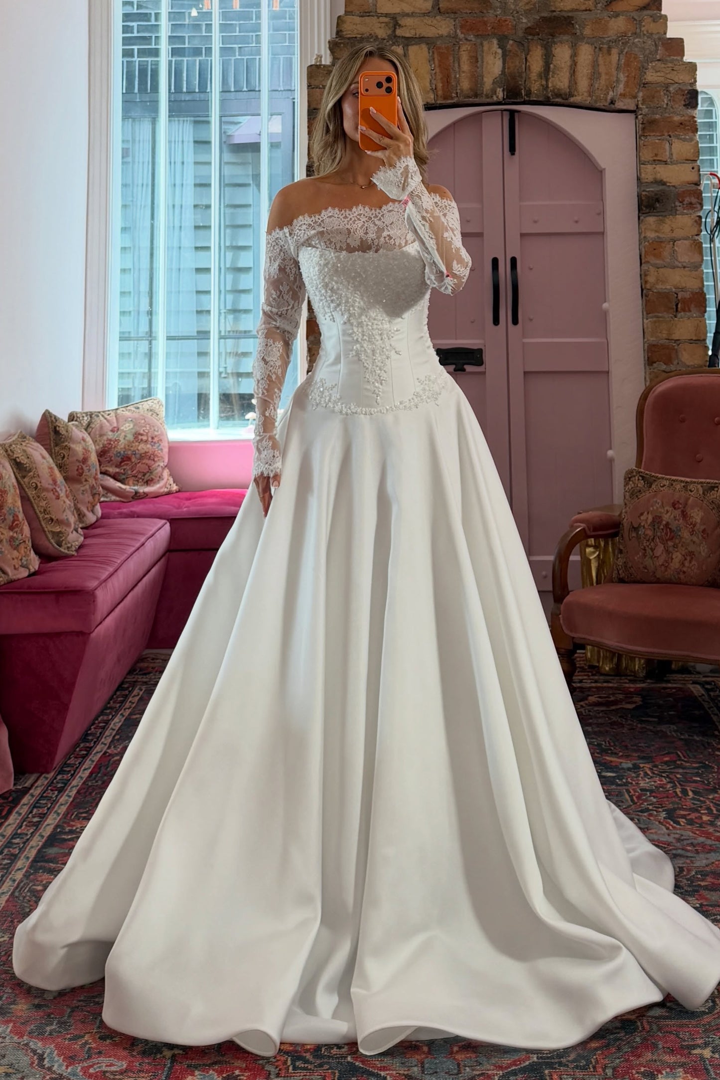 Off-Shoulder Lace Sleeve Satin A-Line Wedding Gown