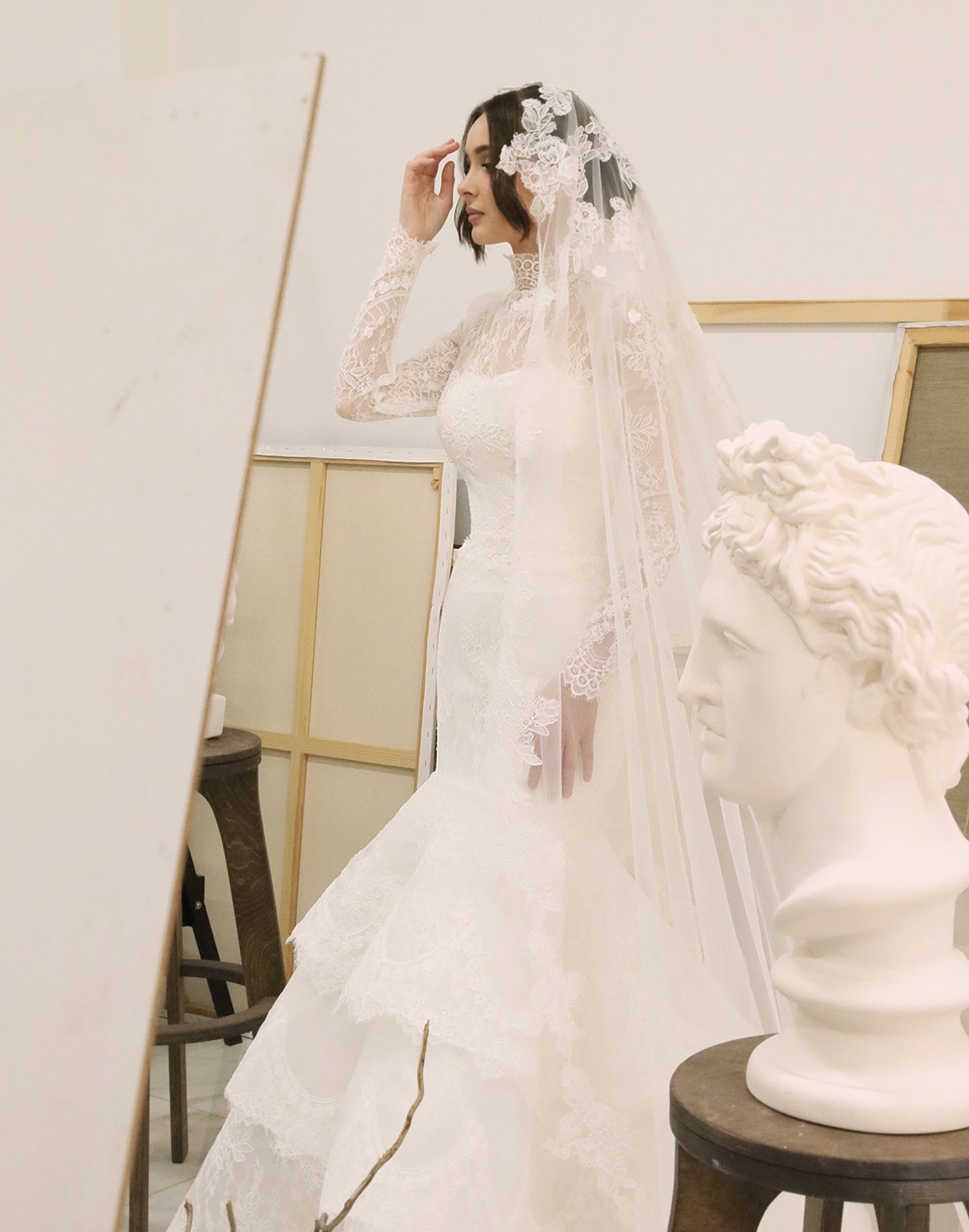 Tiered Lace High Neck Mermaid Wedding Dress