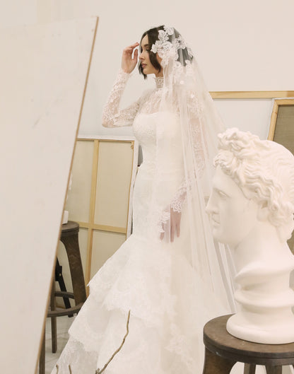 Tiered Lace High Neck Mermaid Wedding Dress