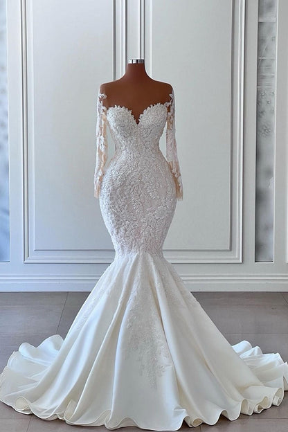Lace Applique Illusion Long Sleeve Mermaid Wedding Dress