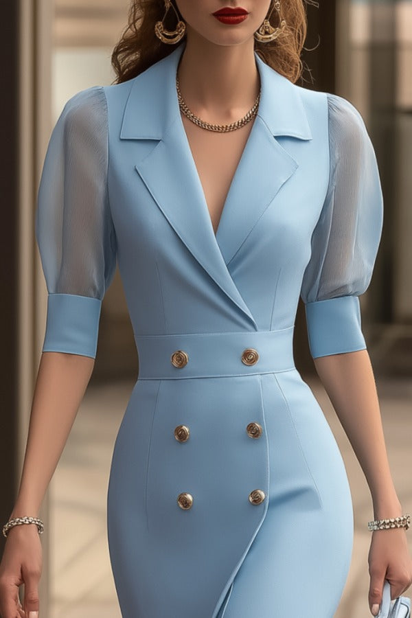 Double-Breasted Blazer Midi Dress with Sheer Sleeves