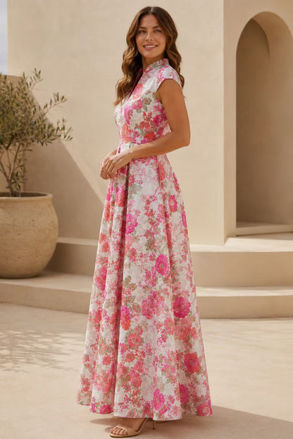 Floral Print A-Line Maxi Dress with Pleated Skirt
