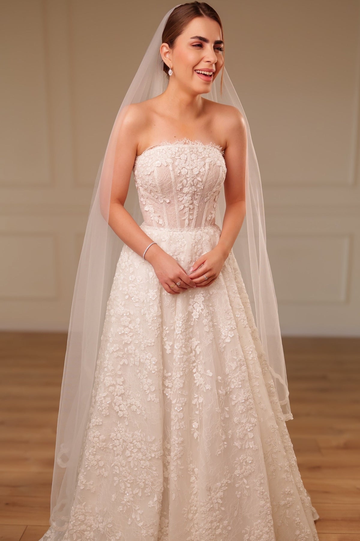 Strapless Floral Lace A-Line Wedding Dress