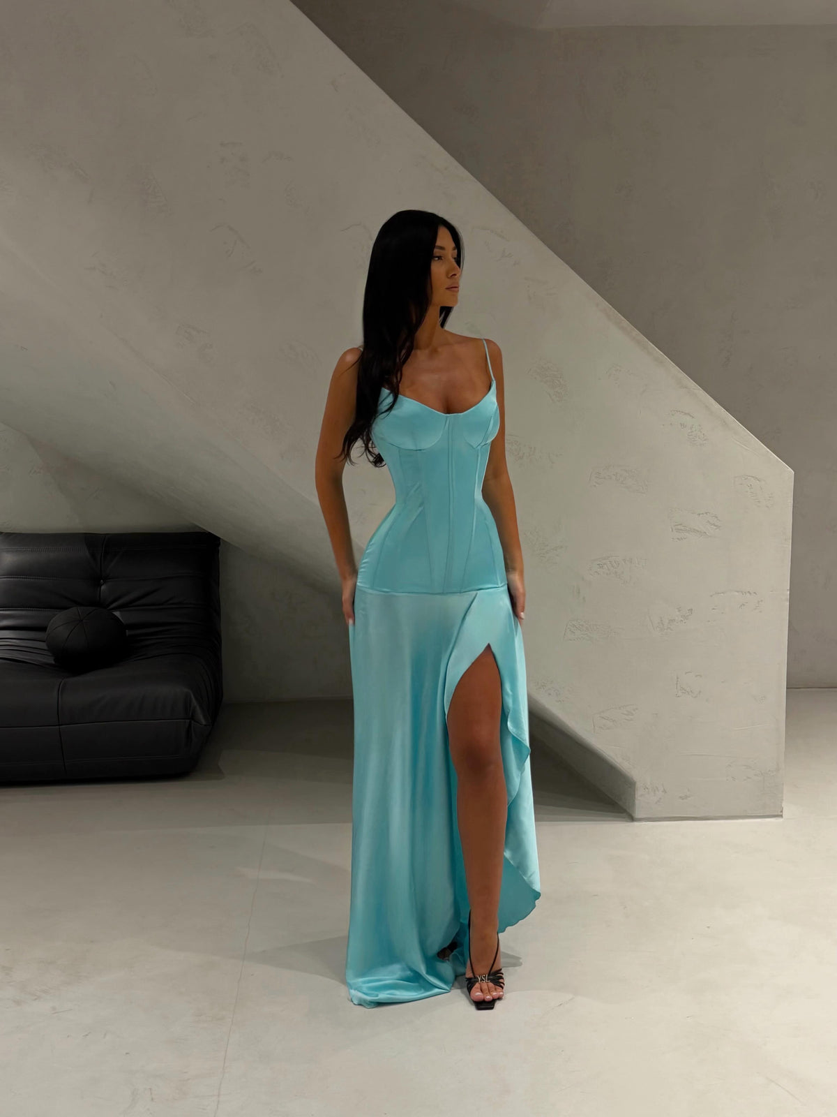 Corset Bodice Maxi Dress with High Slit
