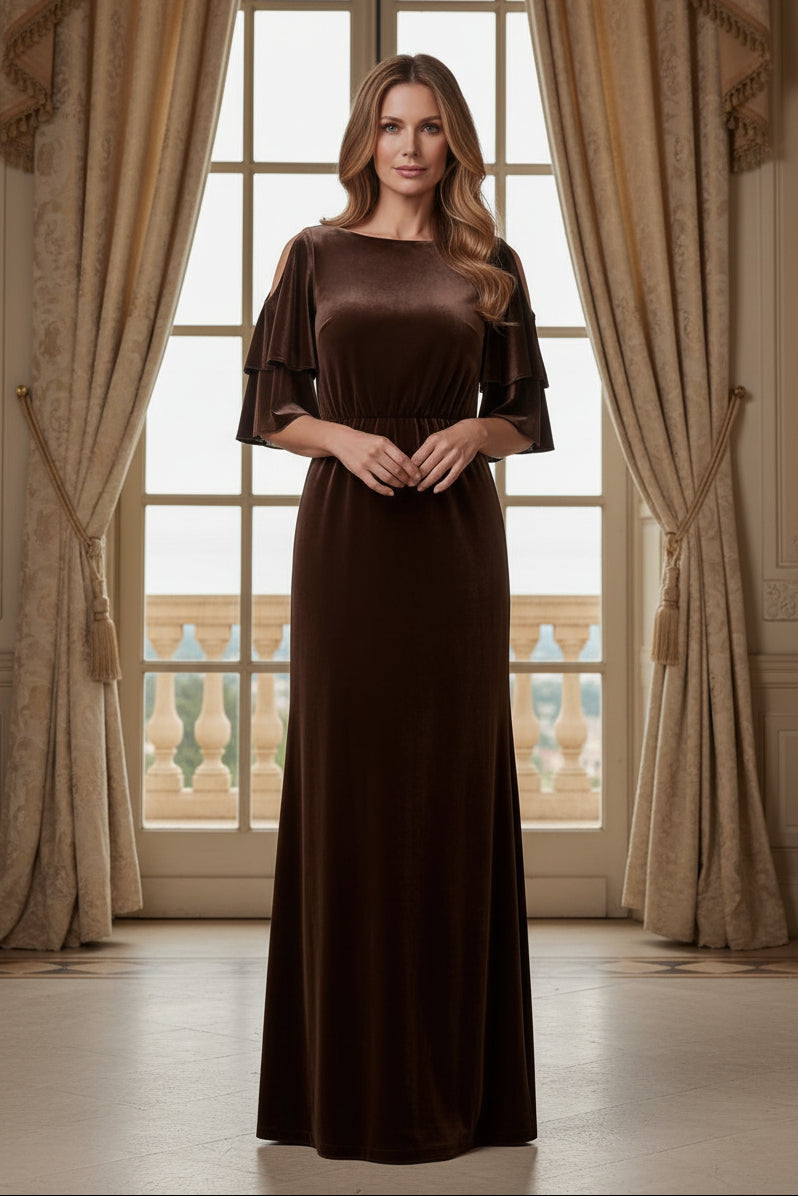 Tiered Cold-Shoulder Velvet Maxi Dress
