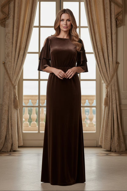 Tiered Cold-Shoulder Velvet Maxi Dress