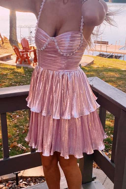 Metallic Tiered Mini Dress with Beaded Straps