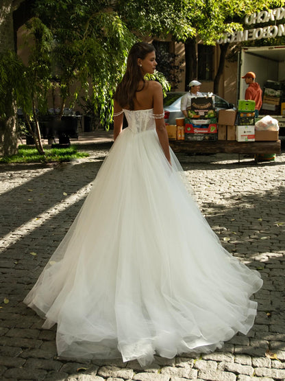 Off-the-Shoulder Corset Tulle Ball Gown Wedding Dress