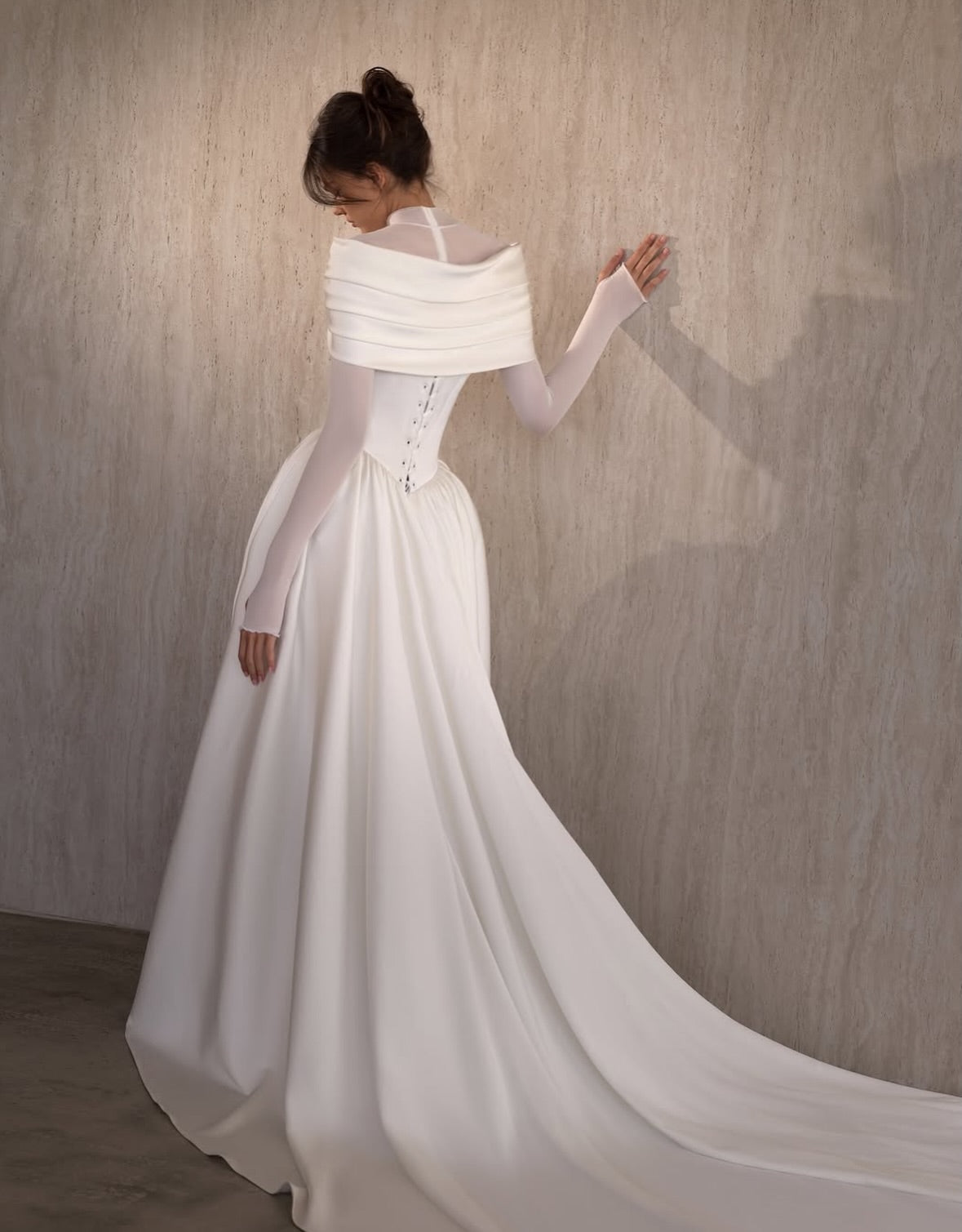 Illusion High Neck Satin Corset Ball Gown Wedding Dress