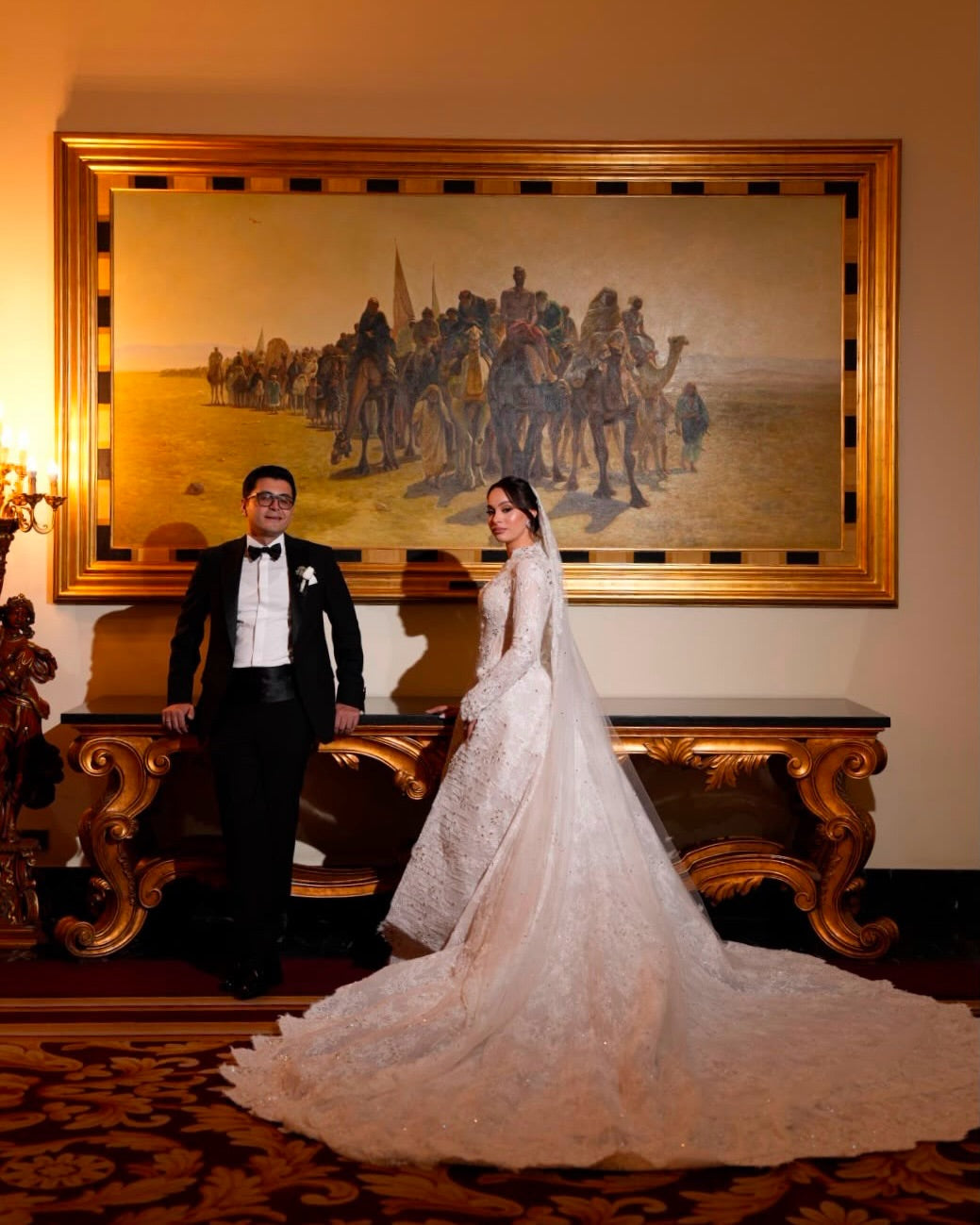 High Neck Long Sleeve Lace Wedding Dress with Overskirt