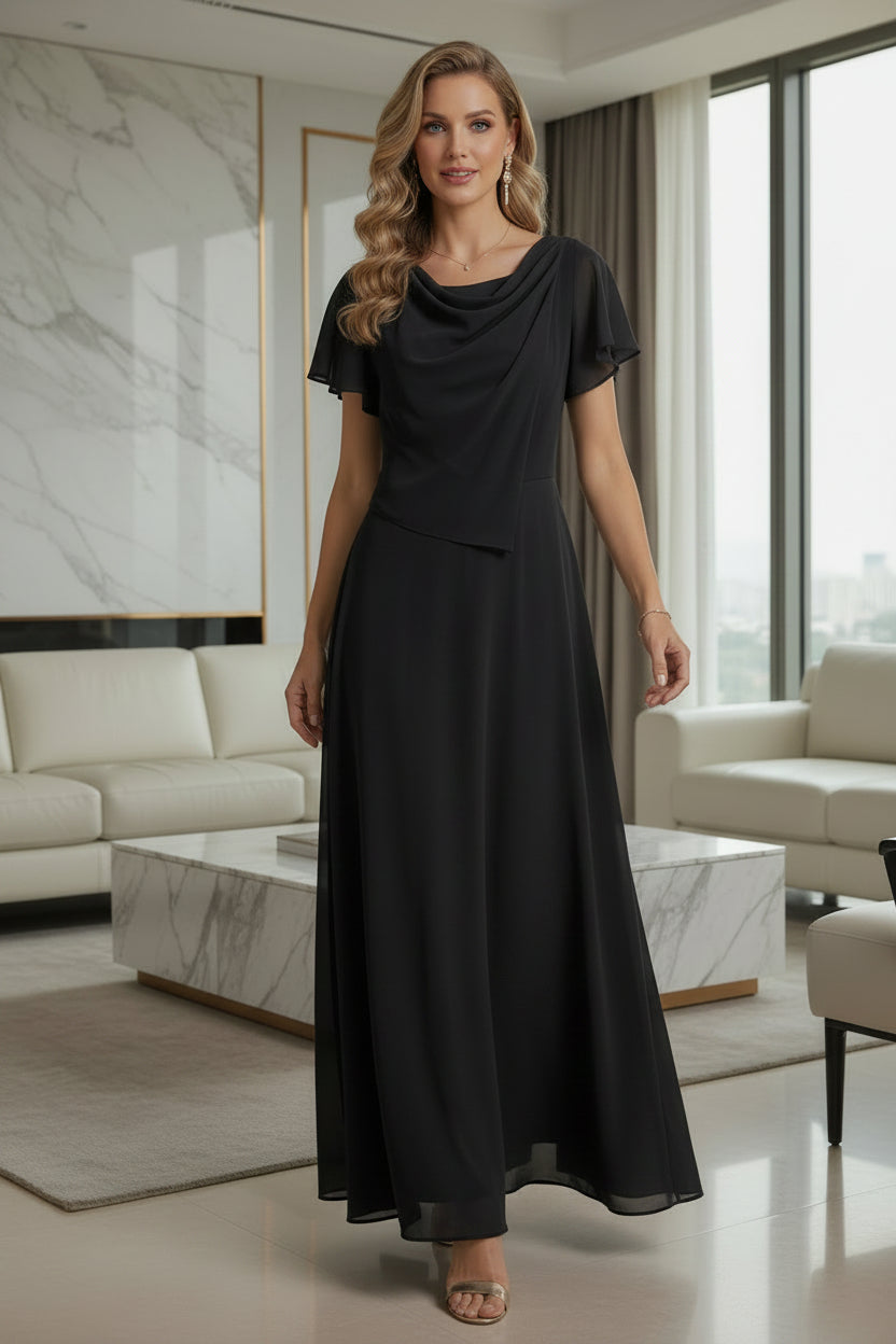 Elegant Cowl Neck Chiffon A-Line Mother of the Bride Dress with Flutter Sleeves