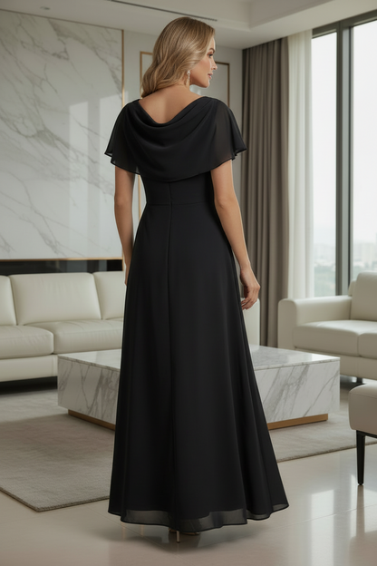 Elegant Cowl Neck Chiffon A-Line Mother of the Bride Dress with Flutter Sleeves