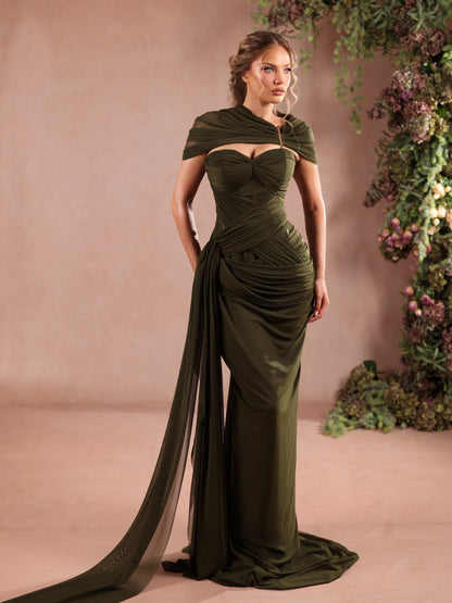 Ruched Corset Evening Gown with Draped Shawl