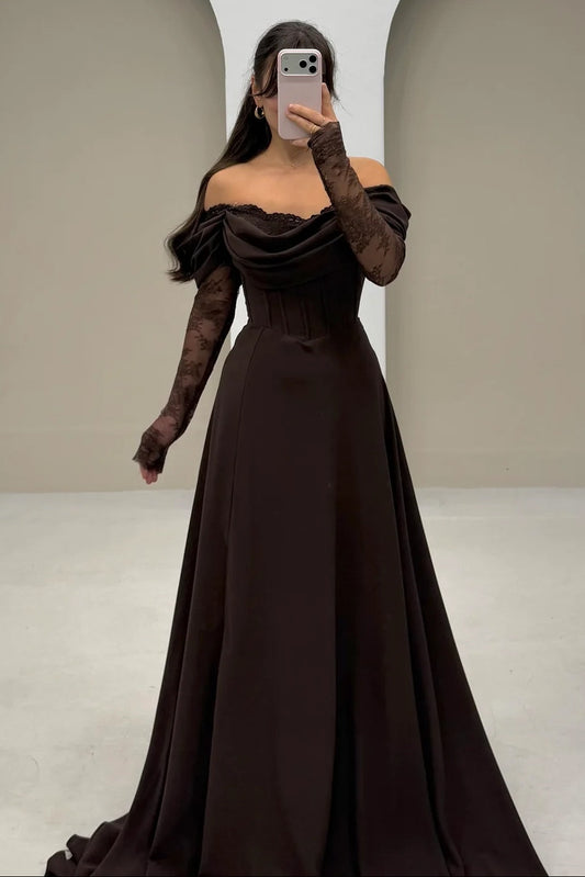 Off-Shoulder Lace Sleeve Corset Gown