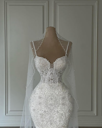 Beaded Pearl Mermaid Wedding Dress with Veil