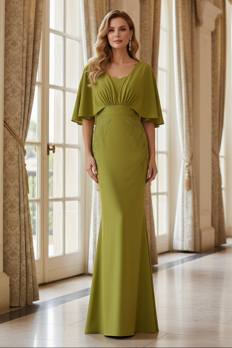 Cape Sleeve Mermaid Evening Gown with Embroidery