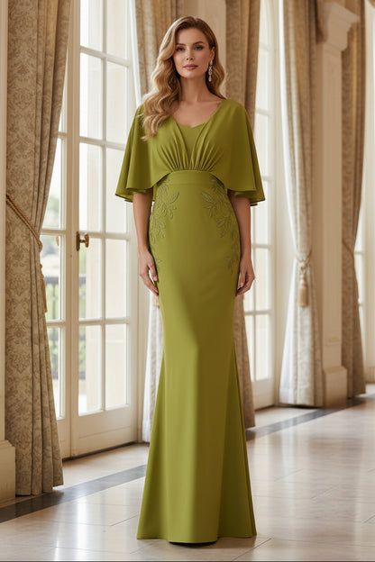 Cape Sleeve Mermaid Evening Gown with Embroidery