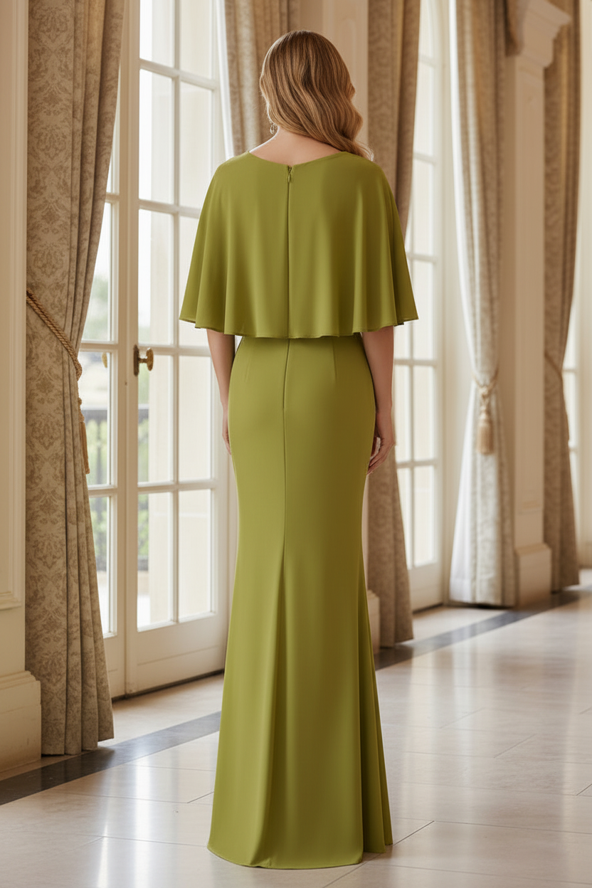 Cape Sleeve Mermaid Evening Gown with Embroidery