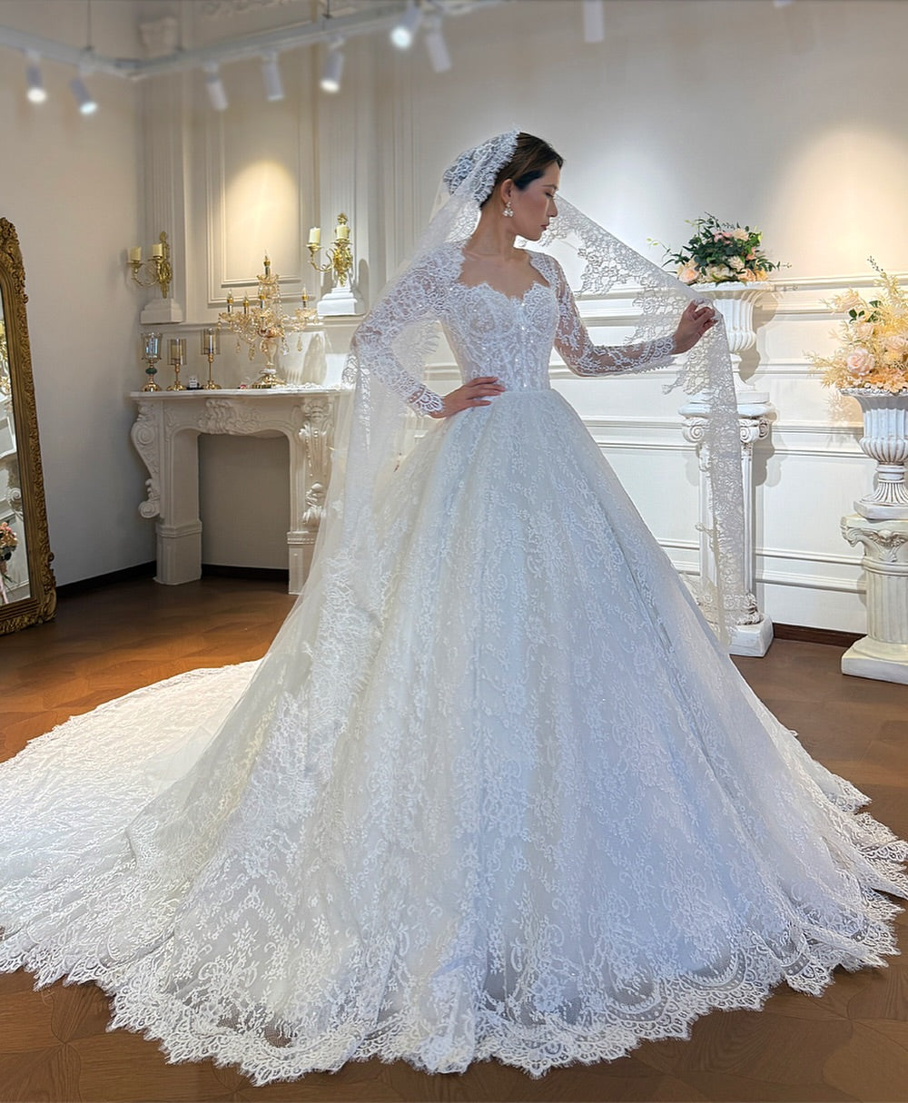 Corset Lace Ball Gown Wedding Dress with Cathedral Train