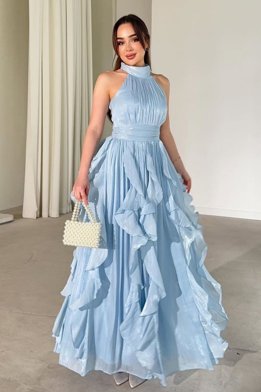 Halter Neck Pleated Ruffle Evening Gown
