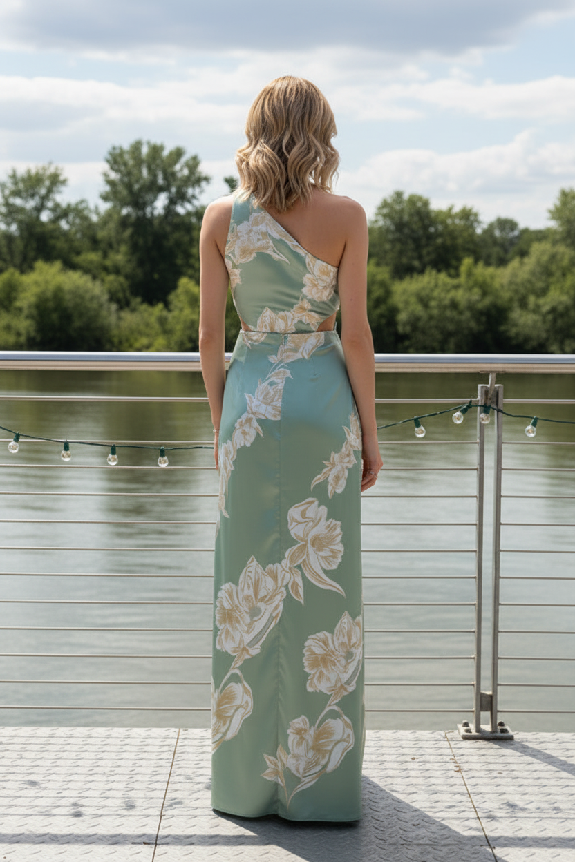 One-Shoulder Floral Print Maxi Dress