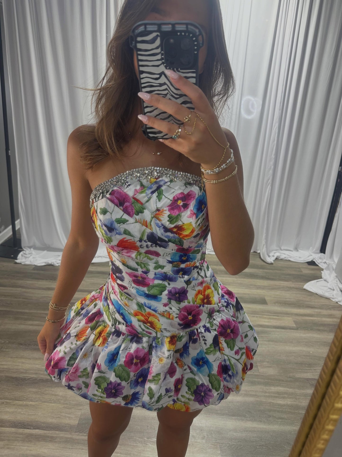 Strapless Floral Bubble Skirt Mini Dress