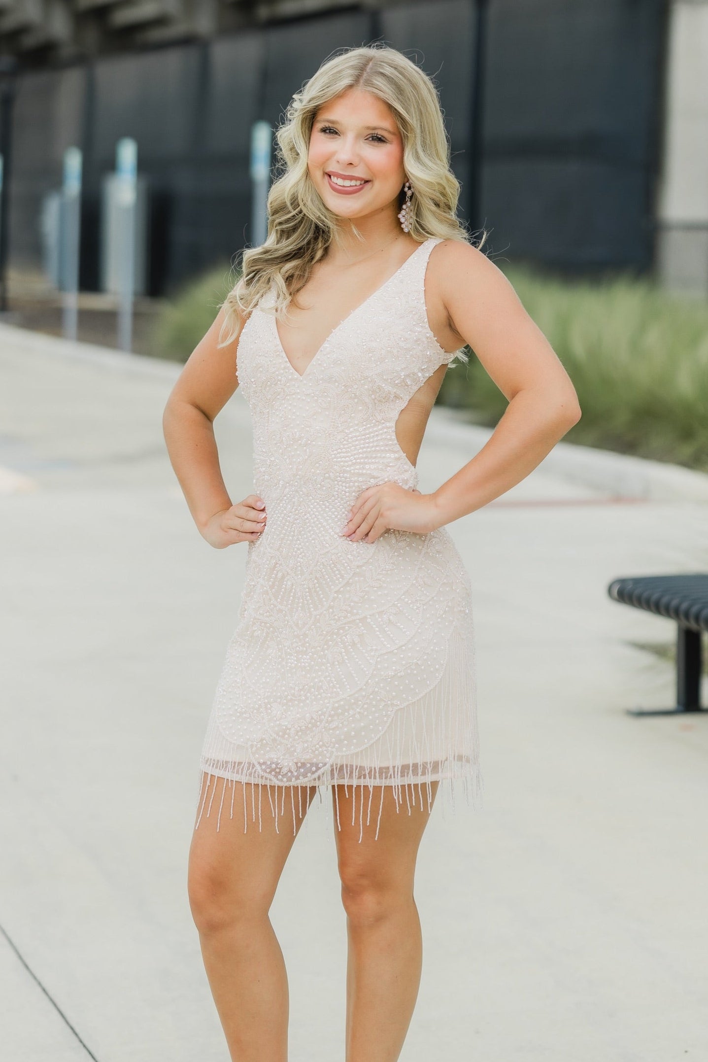 Beaded Mini Dress with Fringe Hem and Open Back
