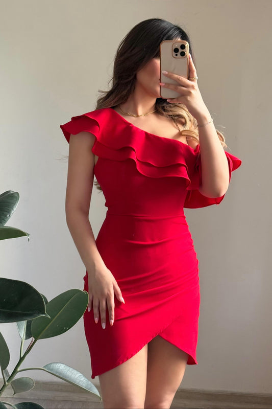 One-Shoulder Ruffle Asymmetric Bodycon Dress