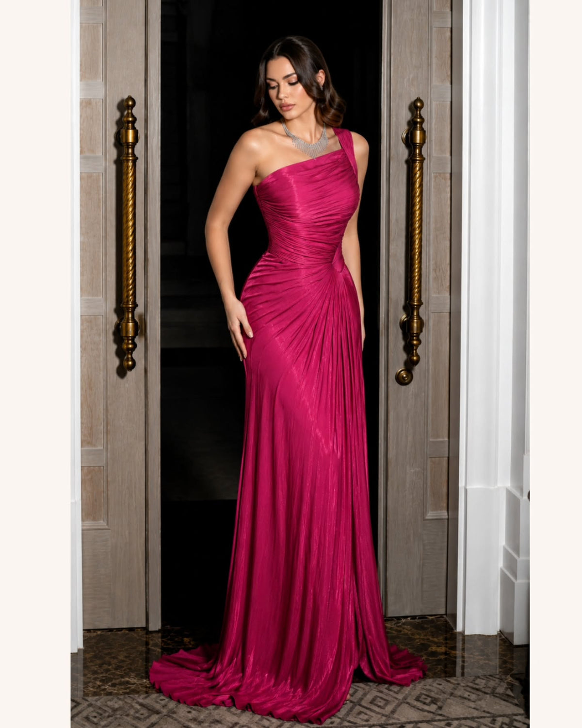 One-Shoulder Pleated Evening Gown