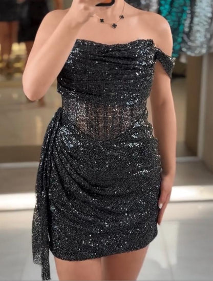 Strapless Sequined Corset Mini Dress with Side Drape