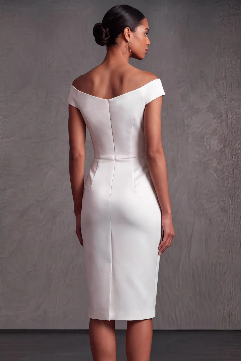 Off-the-Shoulder Midi Sheath Dress with V-Neckline
