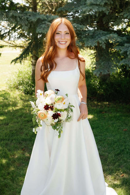 Square Neck A-Line Satin Wedding Dress with Back Bow