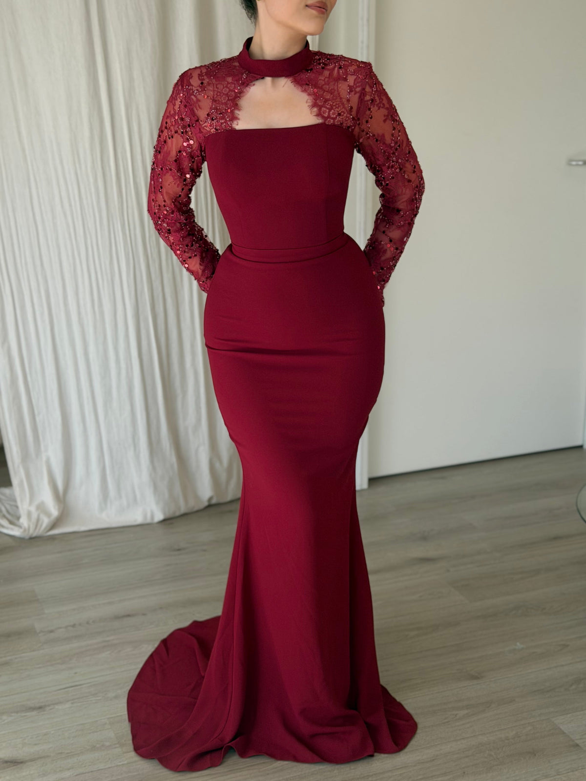 Sequin Lace Sleeve Mermaid Gown with Cut-Out Neckline