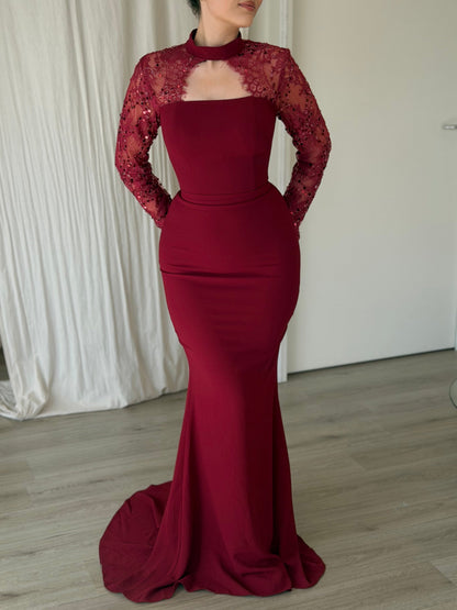 Sequin Lace Sleeve Mermaid Gown with Cut-Out Neckline