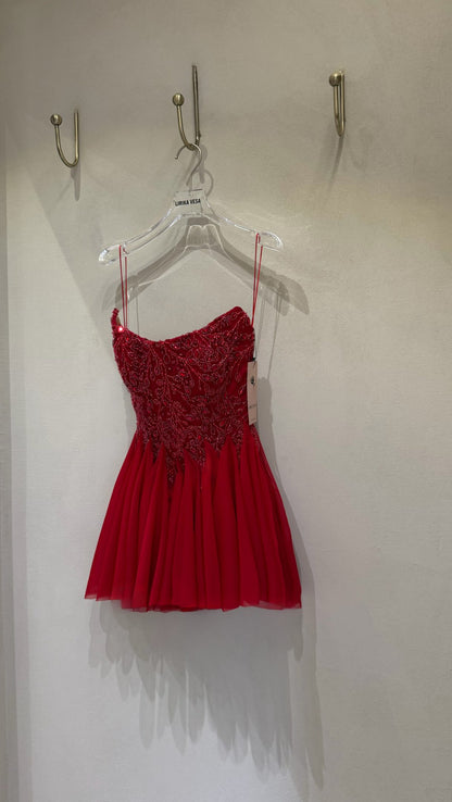 Beaded Sweetheart Tulle Mini Dress with Spaghetti Straps