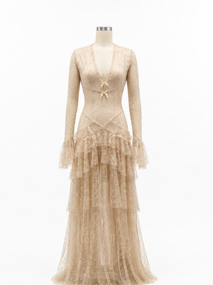 Vintage Inspired Tiered Lace Evening Gown