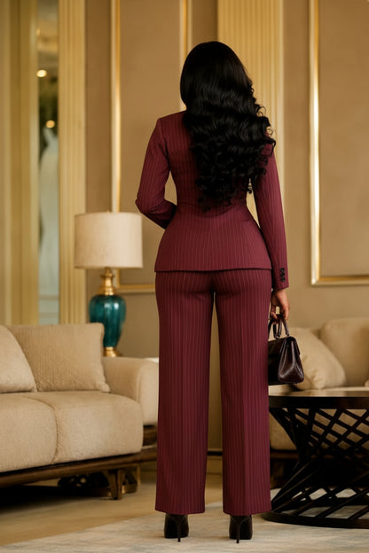 Pinstripe Double-Breasted Pantsuit with Wide Leg