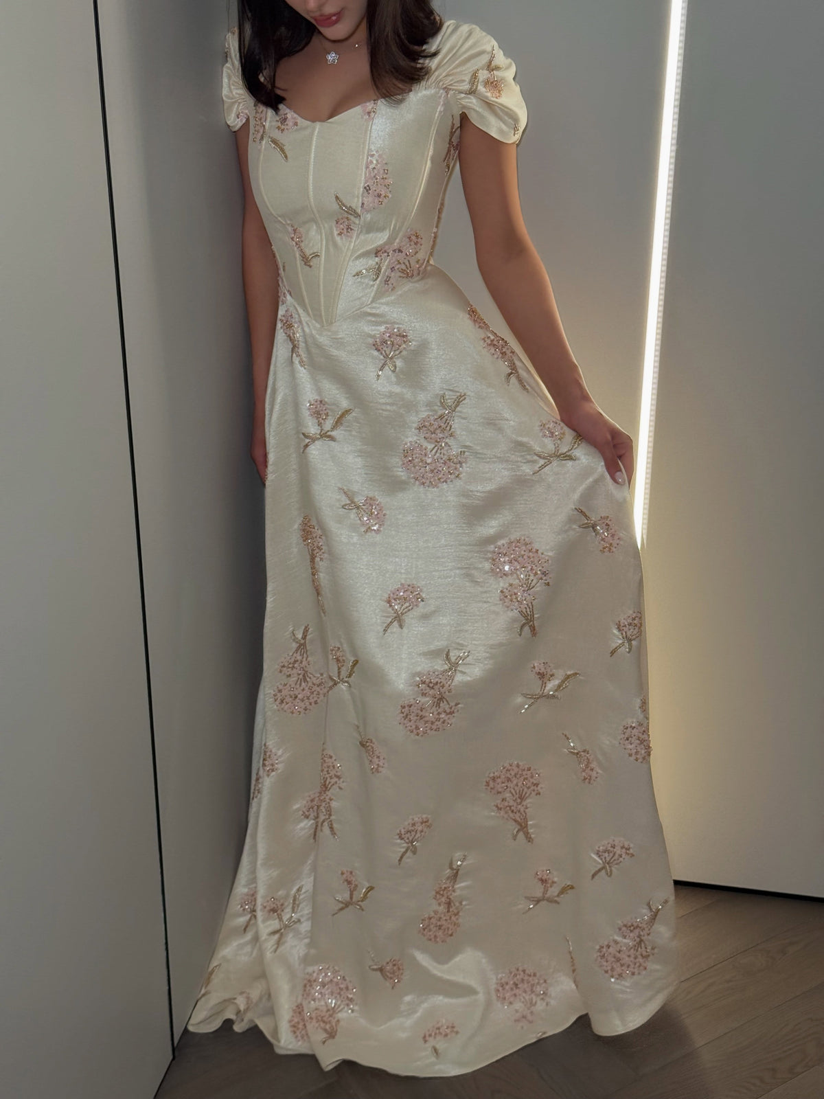 Embroidered Corset Gown with Cap Sleeves