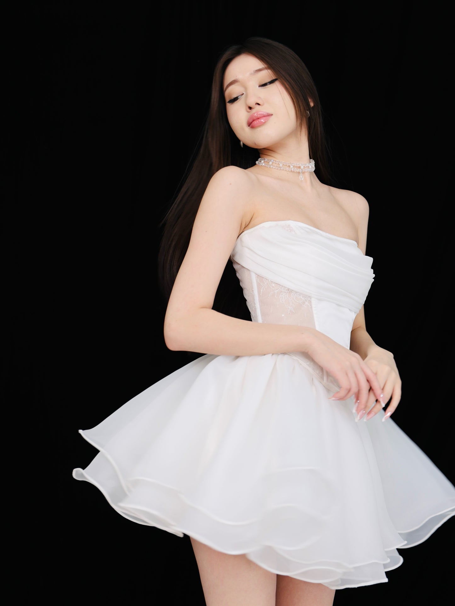 Strapless Tiered Organza Corset Mini Dress